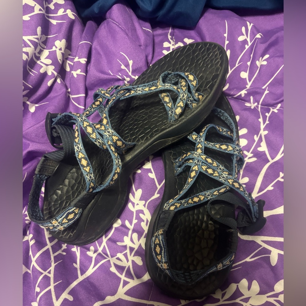 Chaco Women's Strappy Sport Sandals in Navy and Yellow Pattern